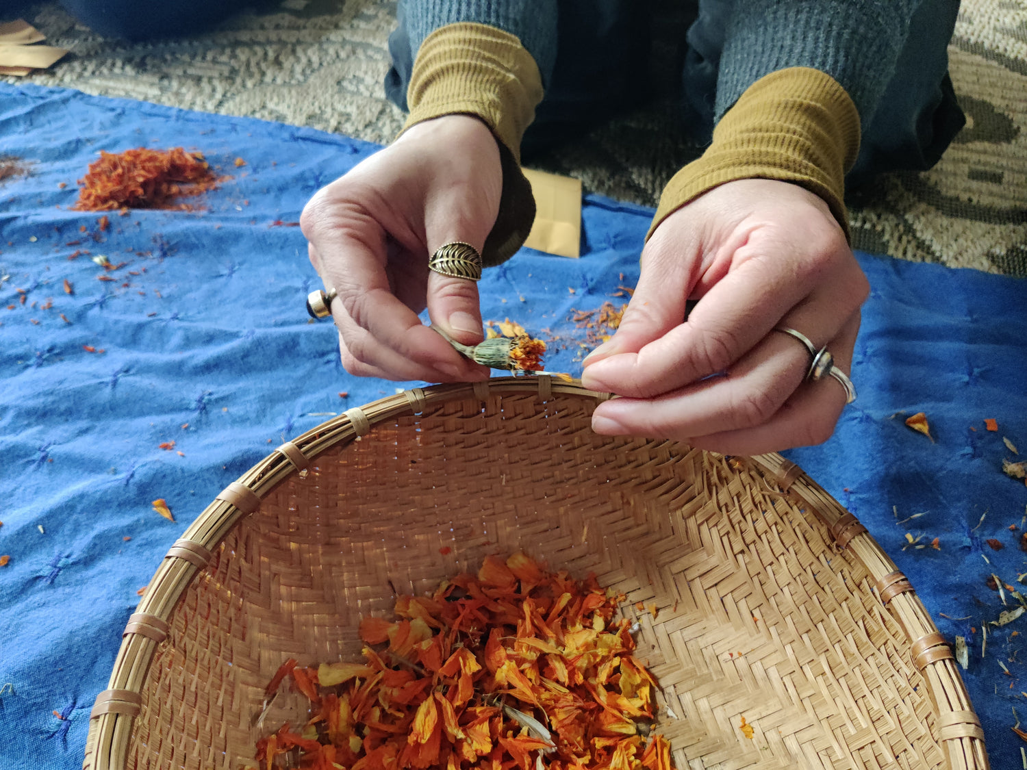 Person sorting dried flowers into a woven basket on a blue cloth.